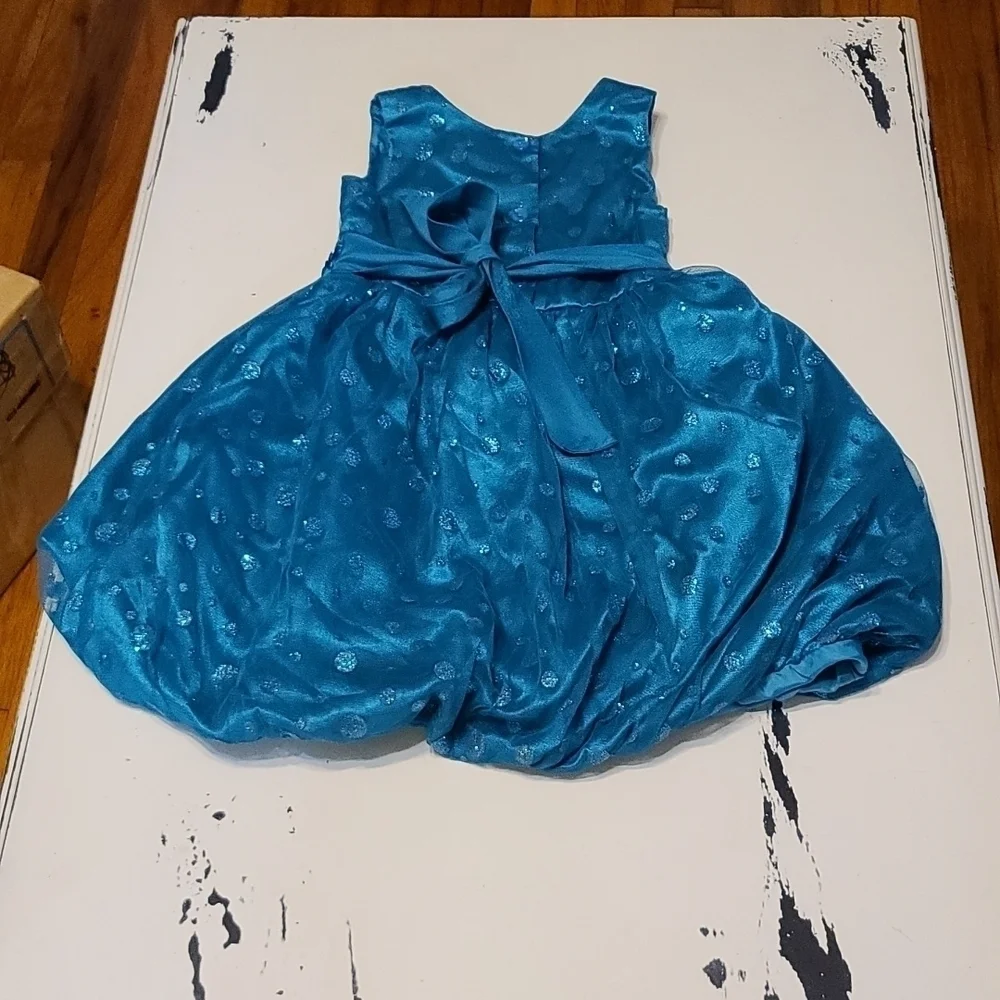 Youngland Girl's Church Dress Teal Sleeveless Glitter Dots Sequins Bow Sz 5 GUC‎